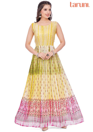 Yellow Georgette Sequins Full Length Kurti