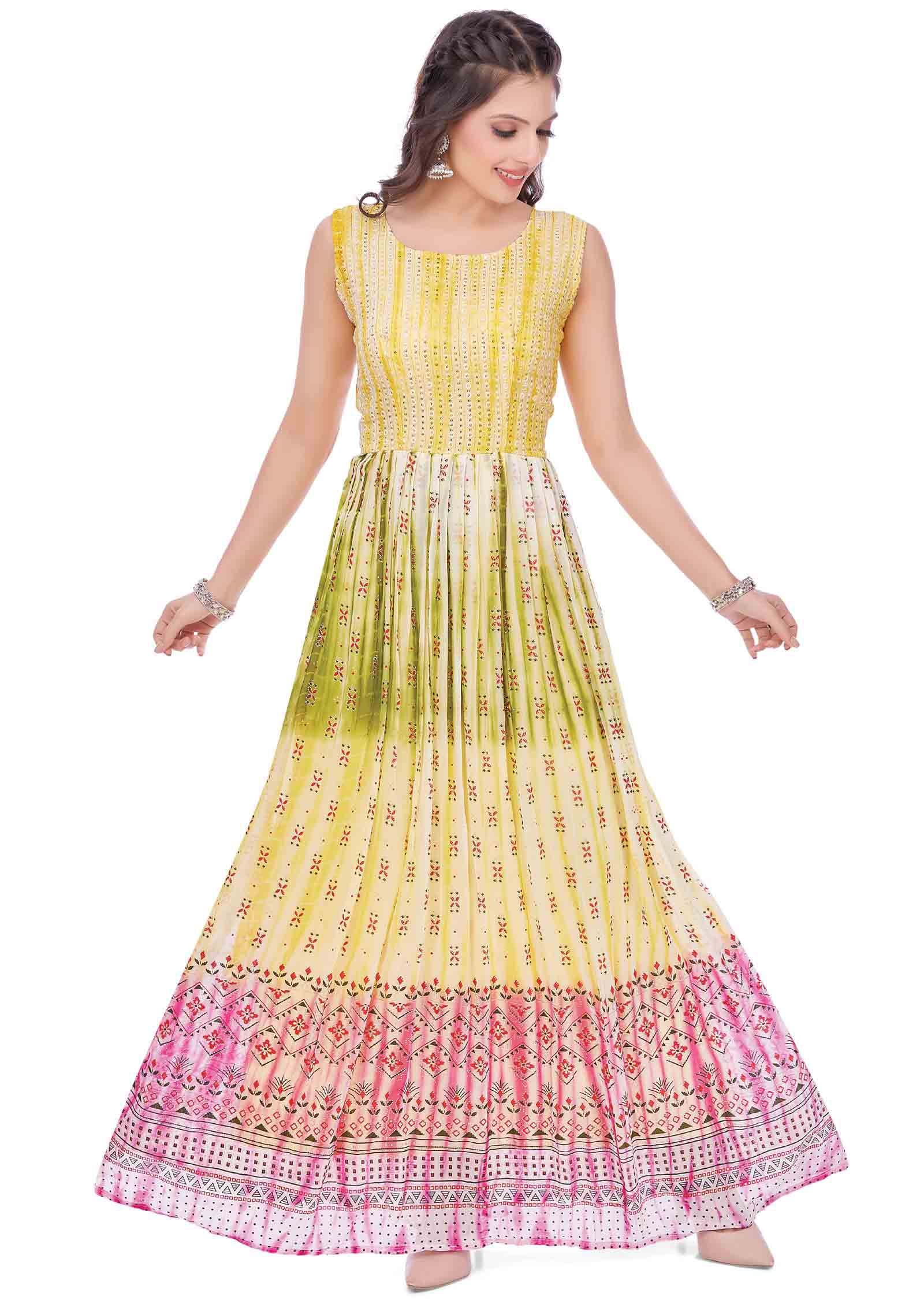 Yellow Georgette Sequins Full Length Kurti