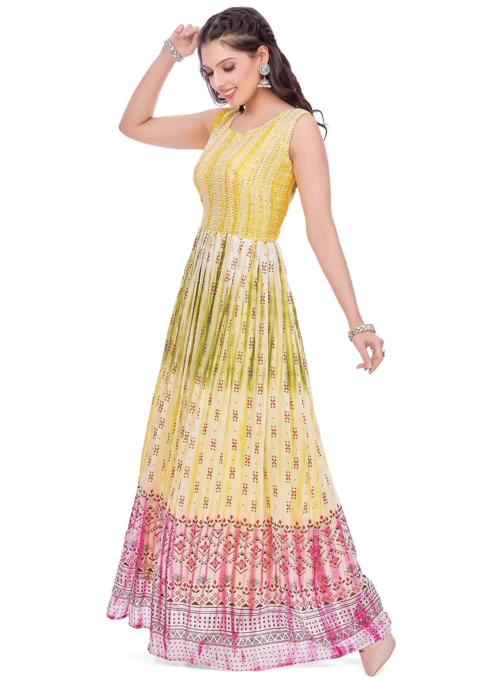 Yellow Georgette Sequins Full Length Kurti