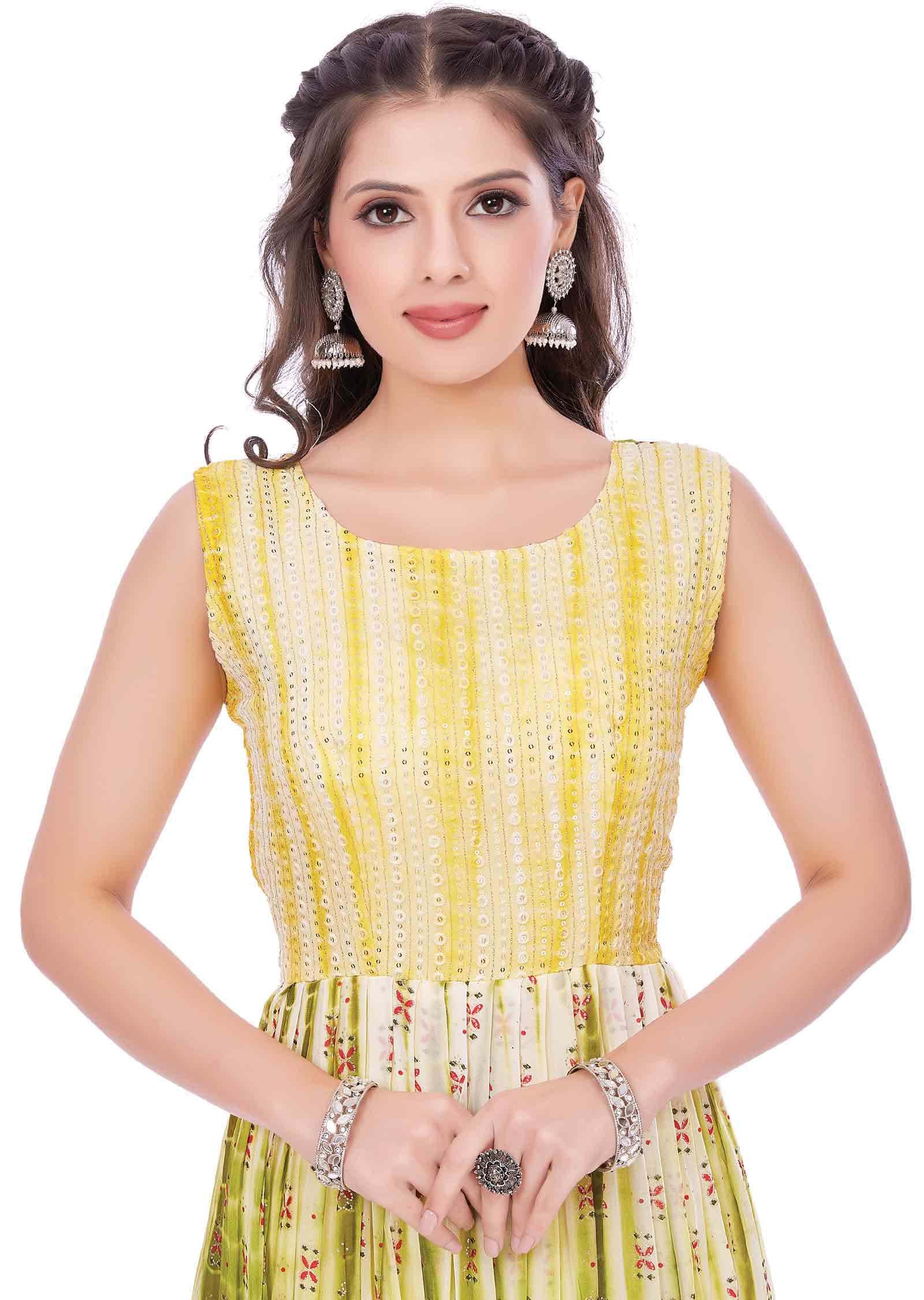 Yellow Georgette Sequins Full Length Kurti