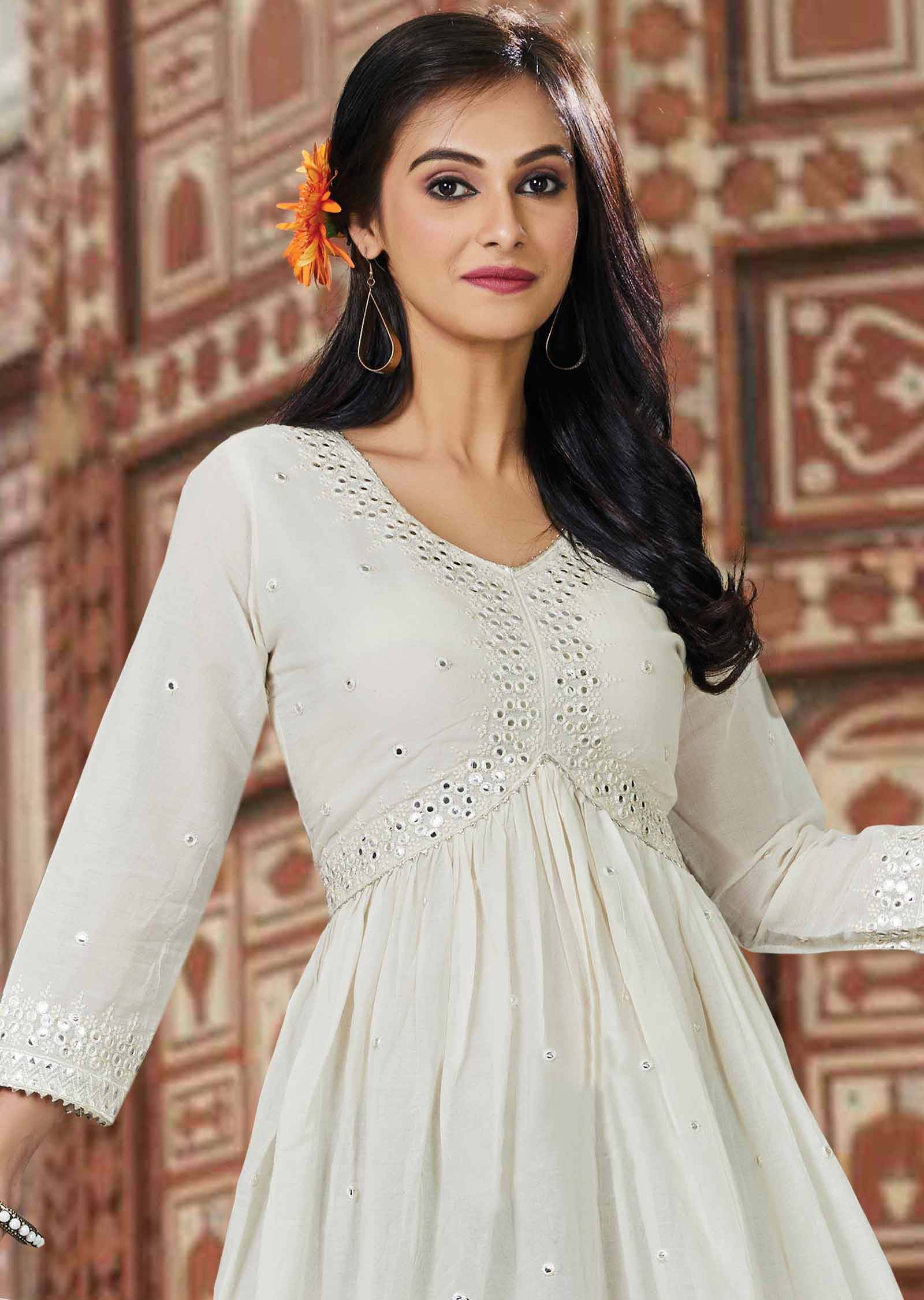 Off White Cotton Mirror work Kurti