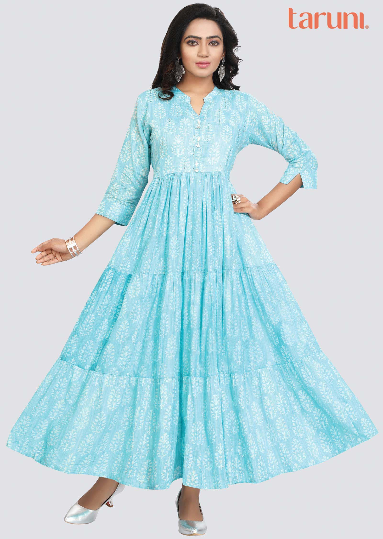 Light Blue Cotton Printed Kurti Full legth