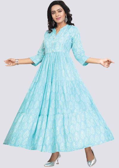 Light Blue Cotton Printed Kurti Full legth