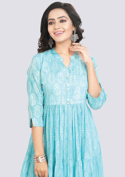 Light Blue Cotton Printed Kurti Full legth