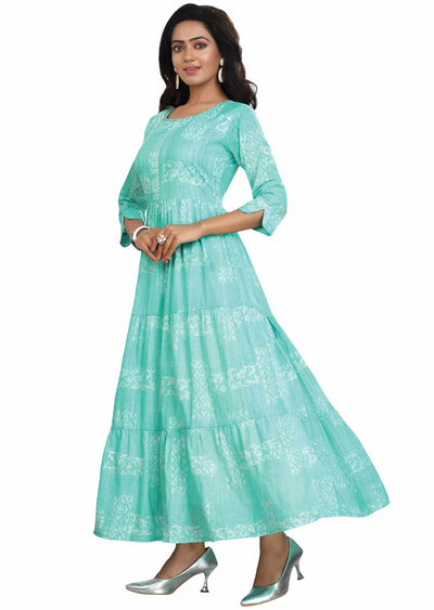 Sea Green Cotton Printed Kurti Full legth