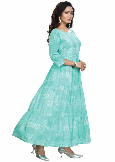 Sea Green Cotton Printed Kurti Full legth