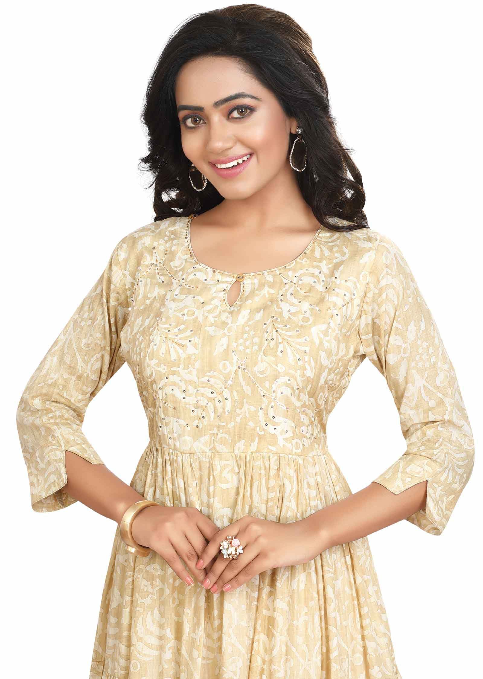 Beige Cotton Sequins Kurti Full legth