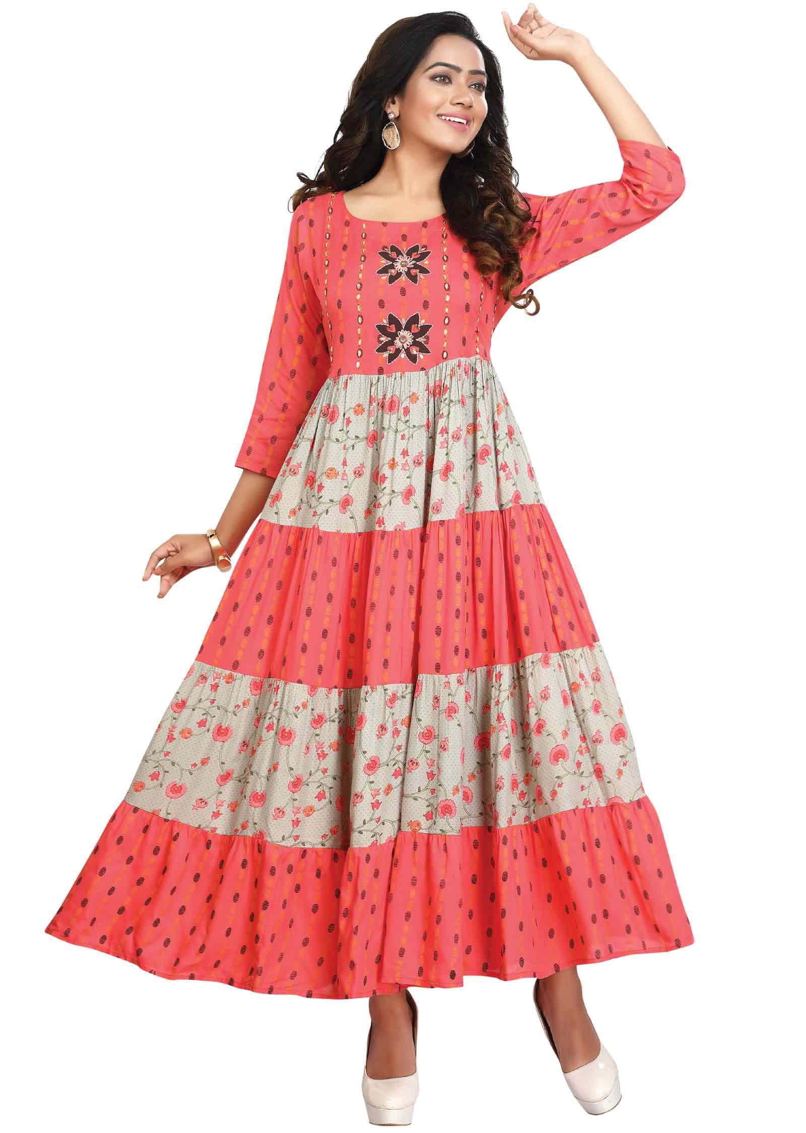 Pink /Grey Cotton Sequins Kurti Full legth