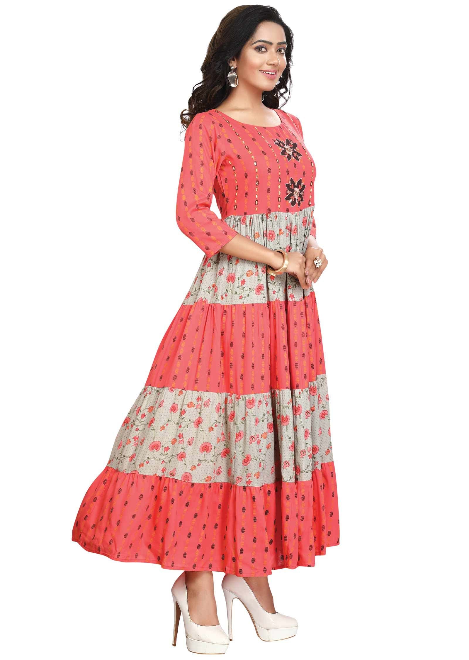 Pink /Grey Cotton Sequins Kurti Full legth