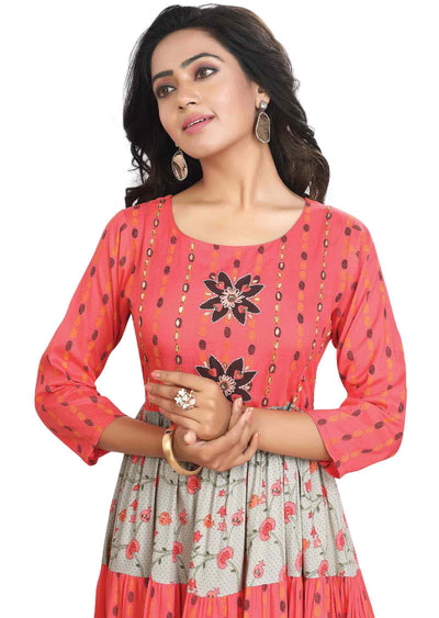 Pink /Grey Cotton Sequins Kurti Full legth