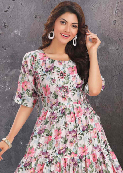 Off White Linen Cotton Floral Printed Kurti Full legth