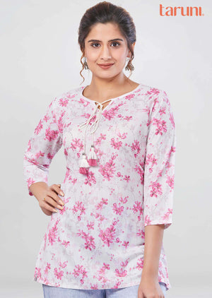 Cream Cotton Floral Printed Short Kurti