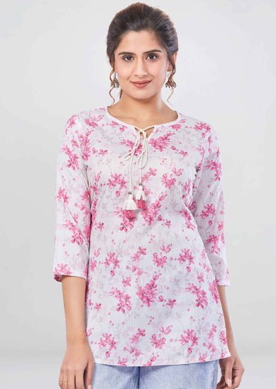 Cream Cotton Floral Printed Short Kurti