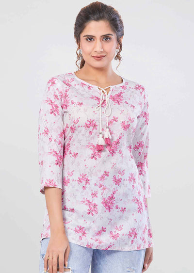 Cream Cotton Floral Printed Short Kurti