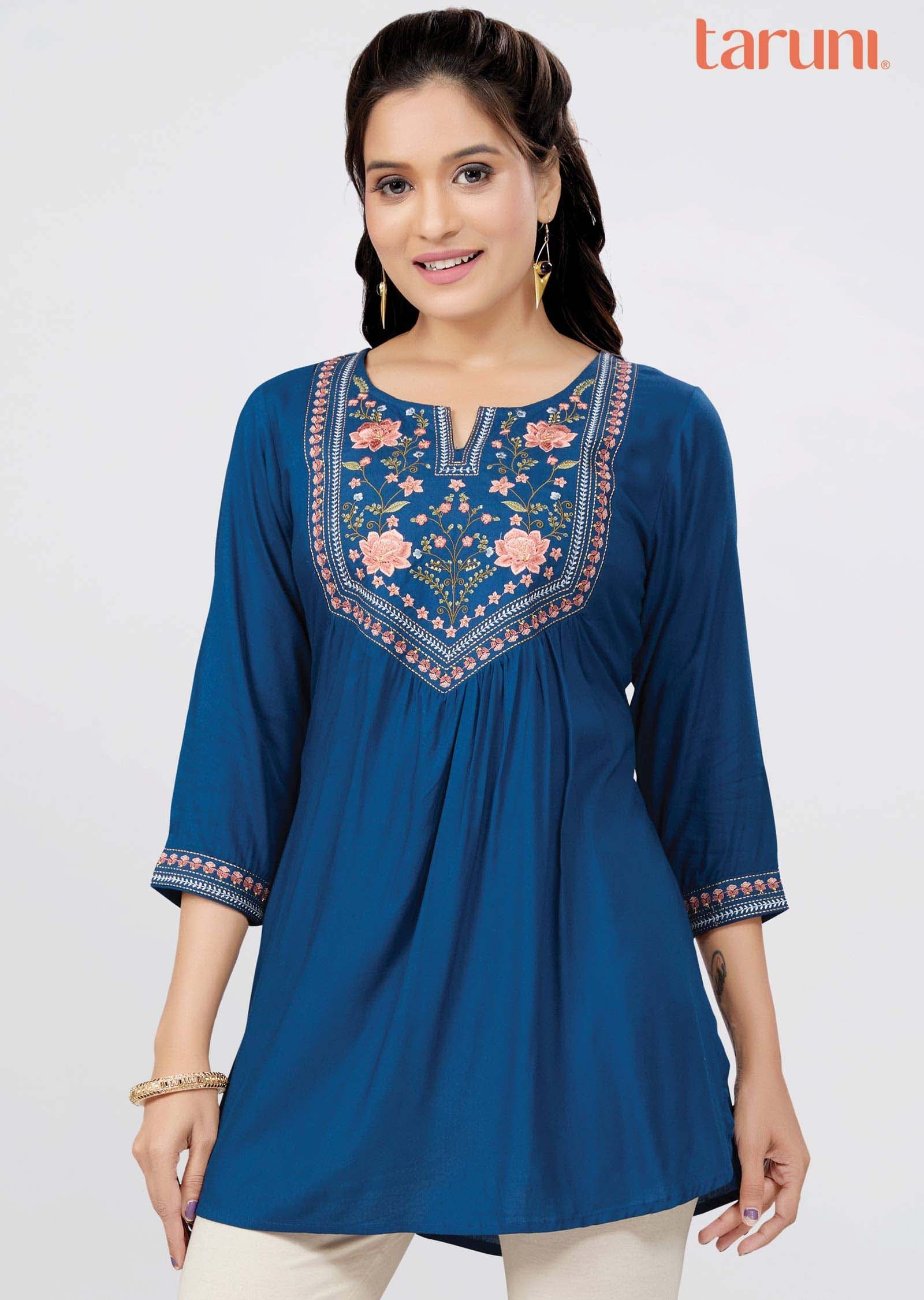 Teal Blue Reyon Resham Work Short Kurti