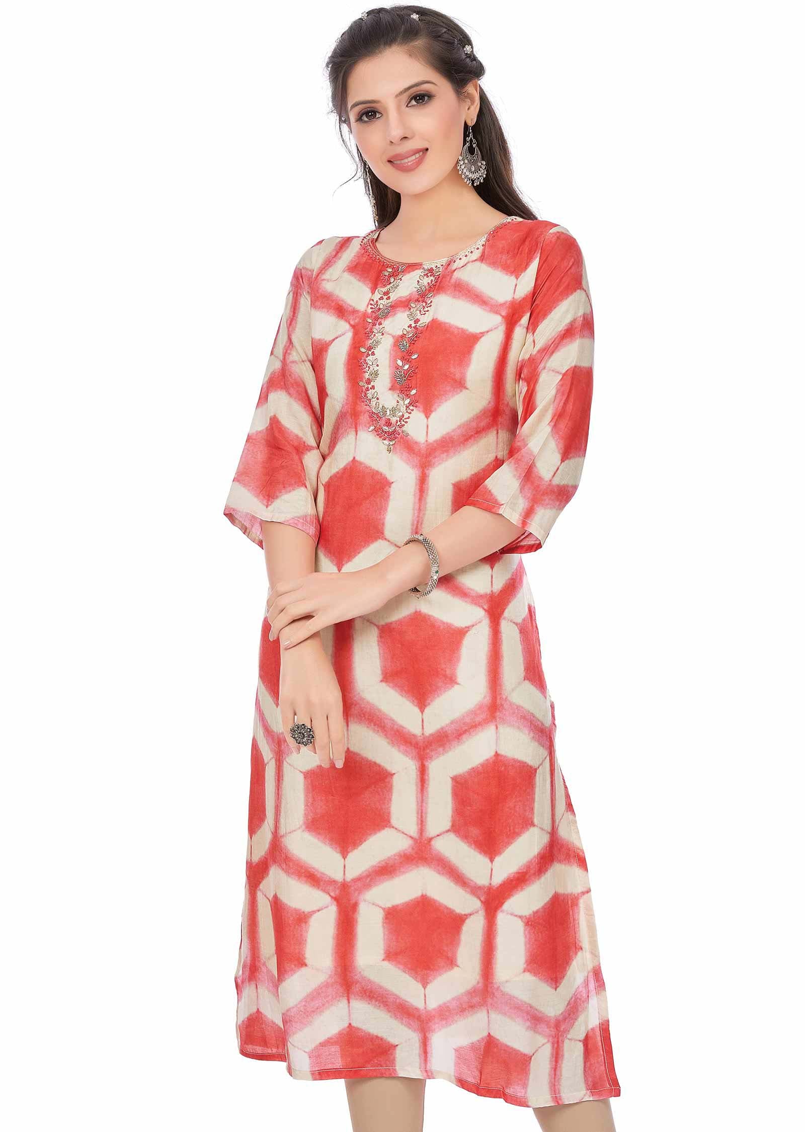 Cream Dola Silk Kurti Straight Cut