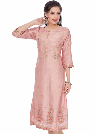 Onion Pink Banaras Silk Straight Cut Kurti