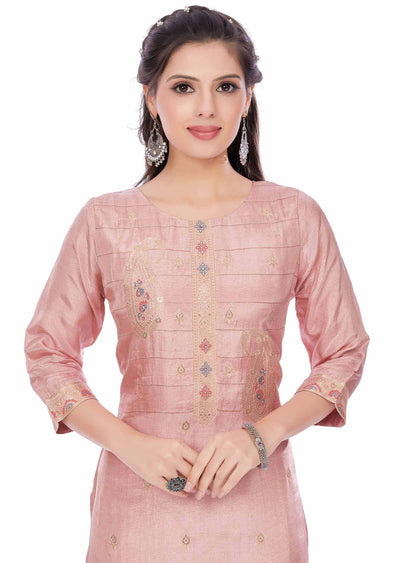 Onion Pink Banaras Silk Straight Cut Kurti