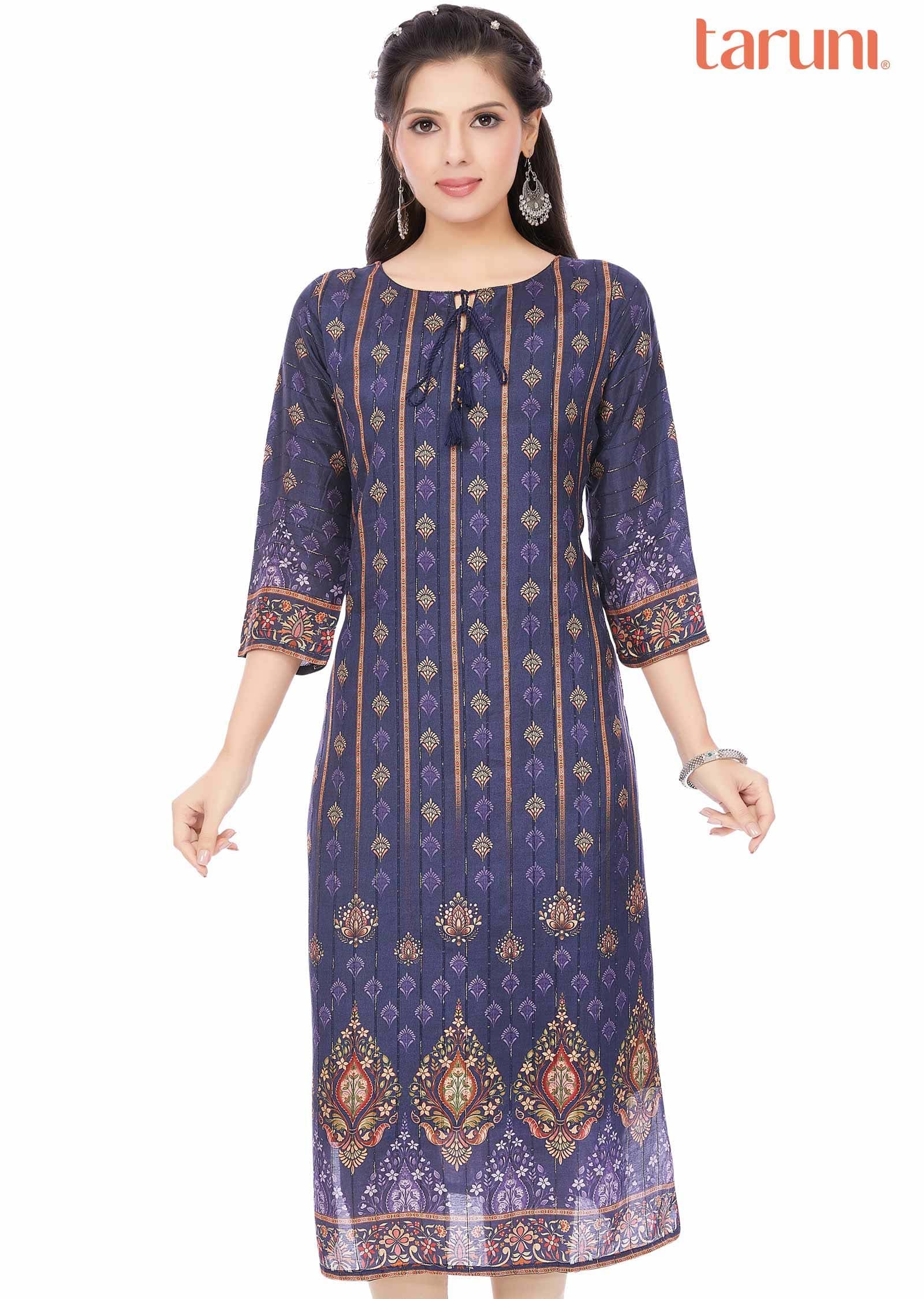 Navy Blue Dola Silk Kurti Straight Cut