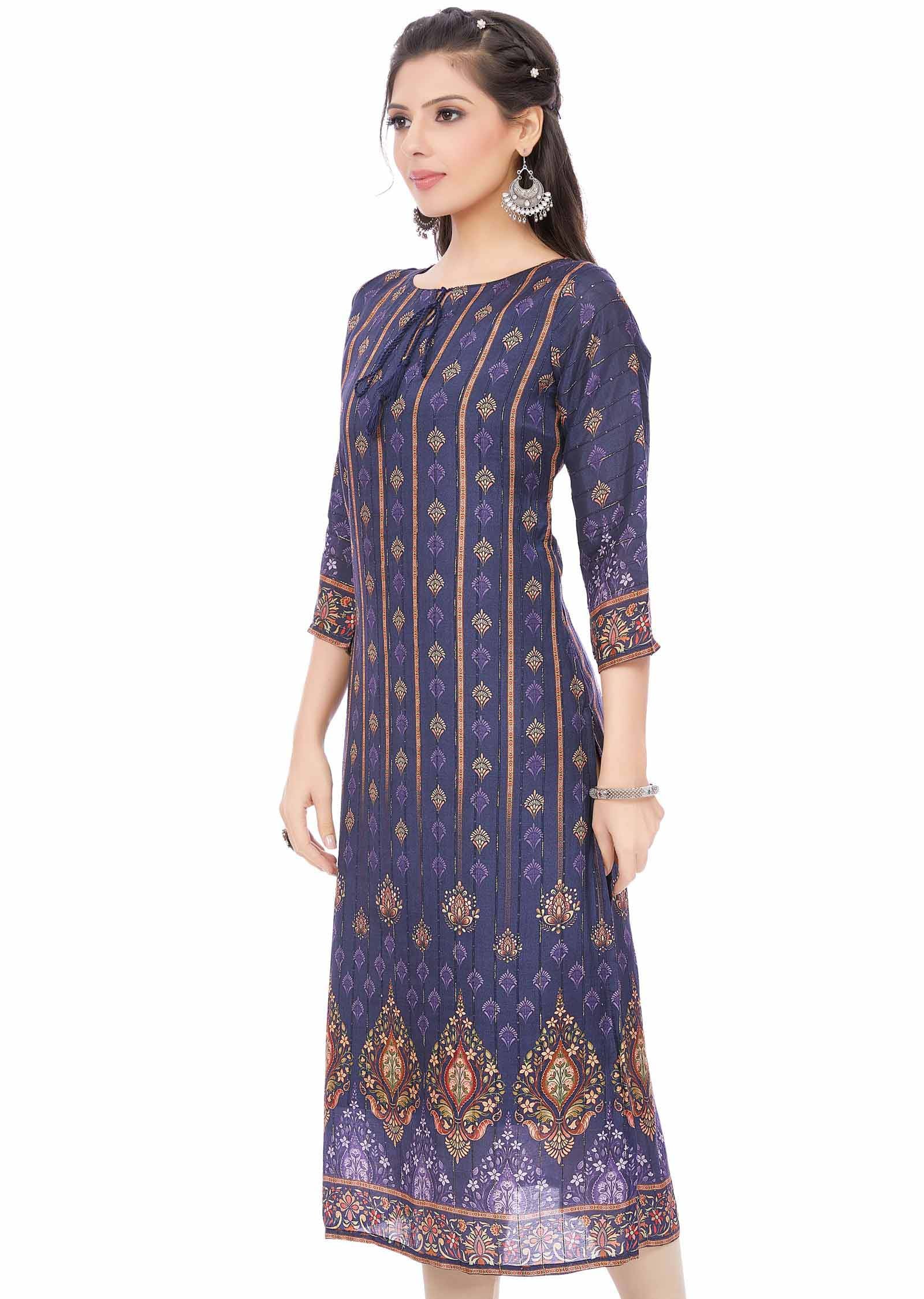 Navy Blue Dola Silk Kurti Straight Cut