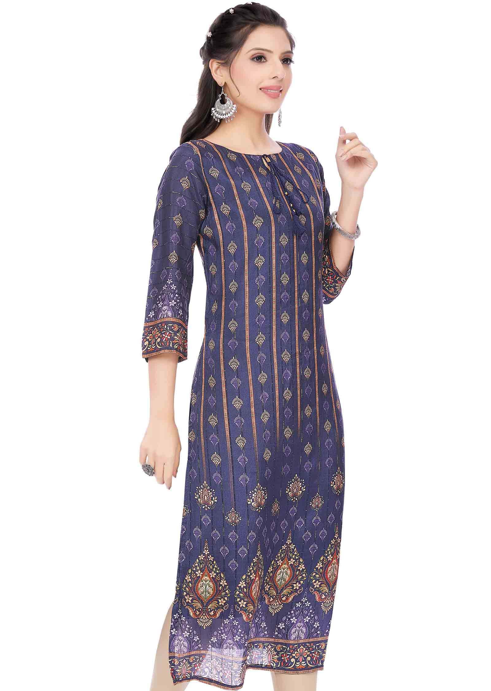 Navy Blue Dola Silk Kurti Straight Cut