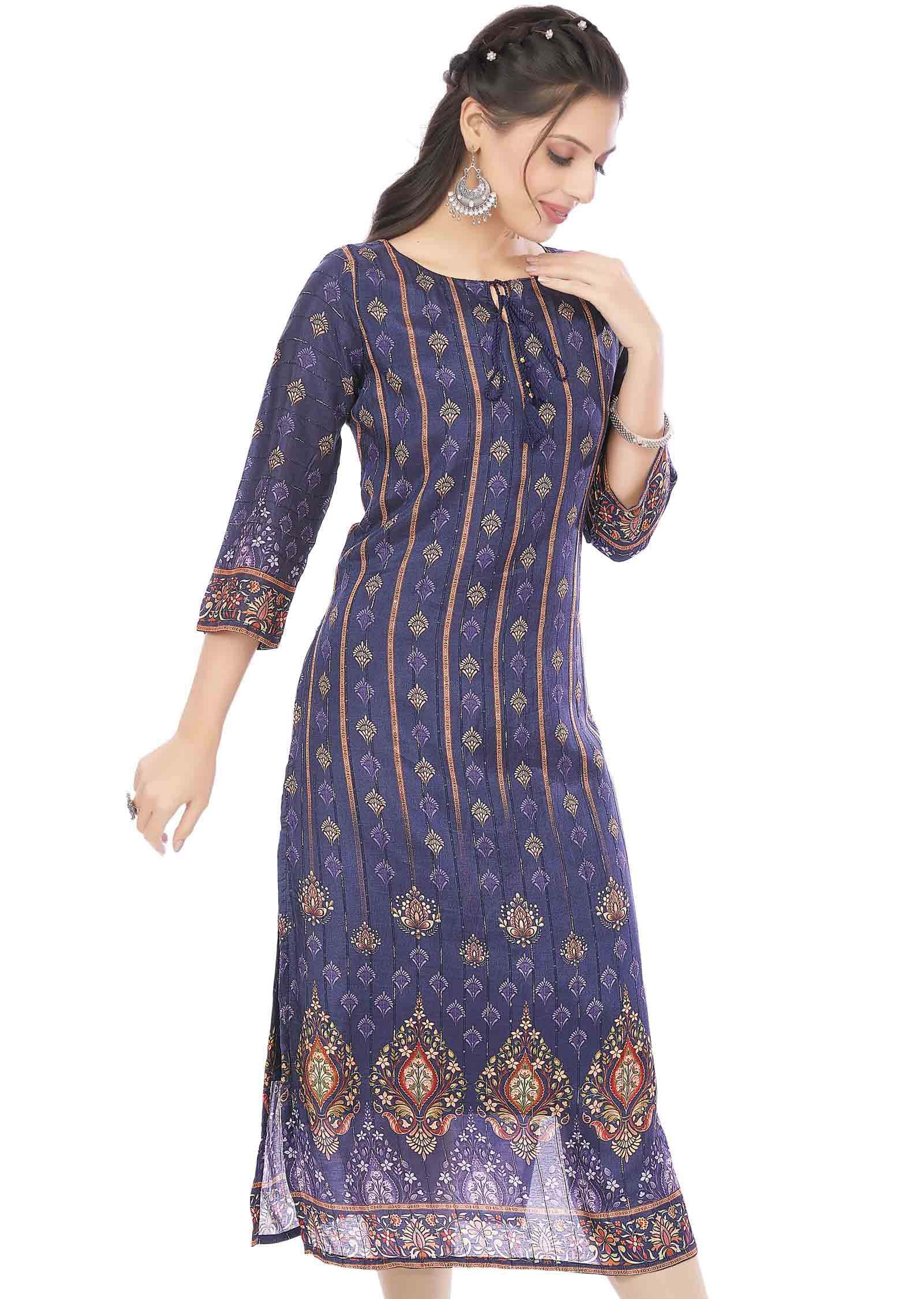 Navy Blue Dola Silk Kurti Straight Cut