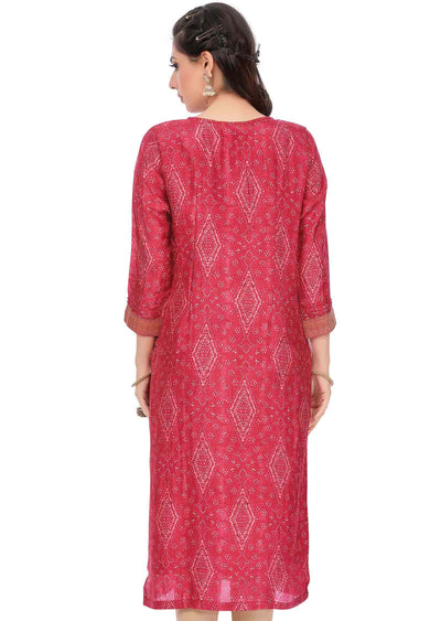 Rani Pink Banaras Silk Printed Straight Cut Kurti