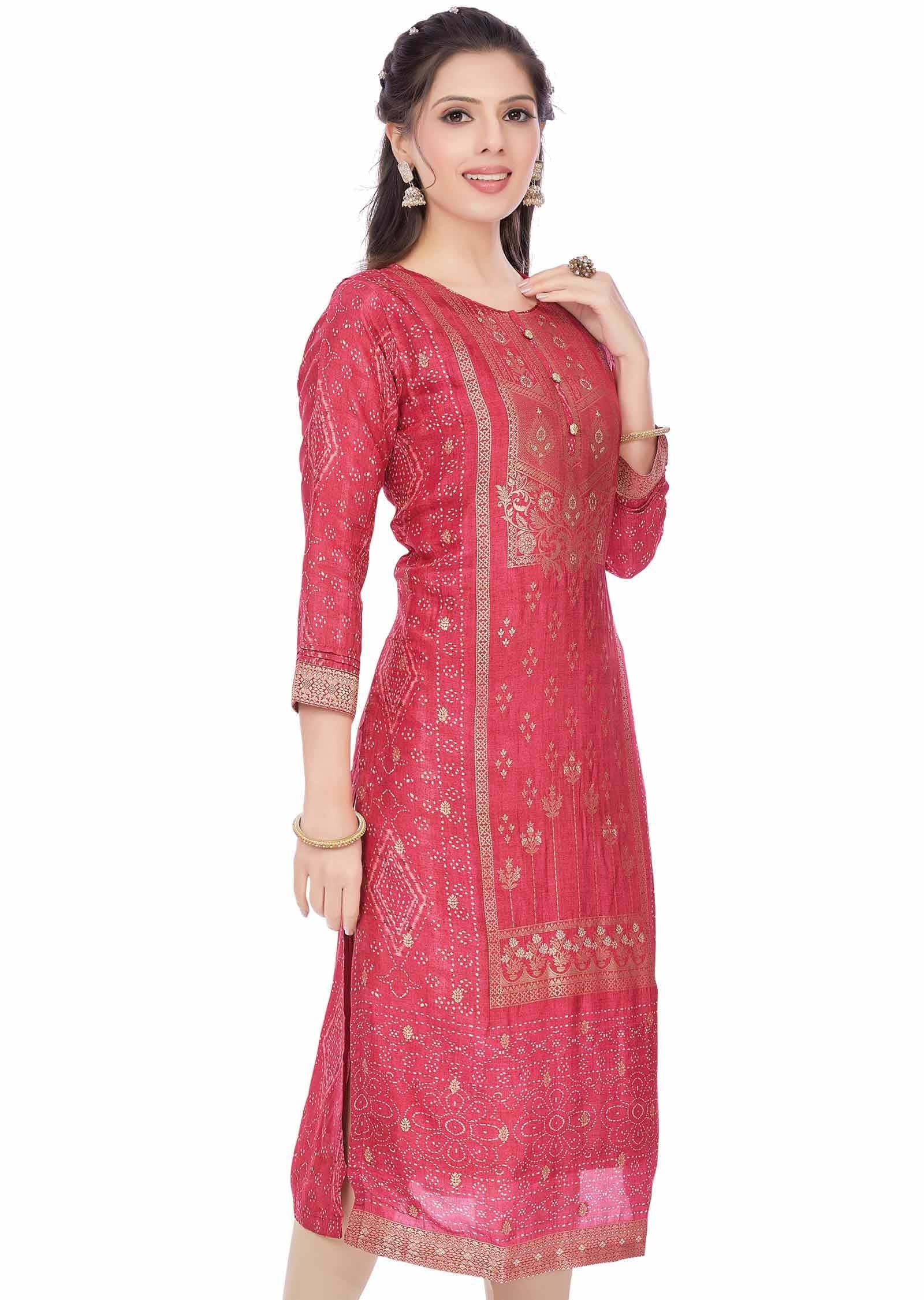 Rani Pink Banaras Silk Printed Straight Cut Kurti