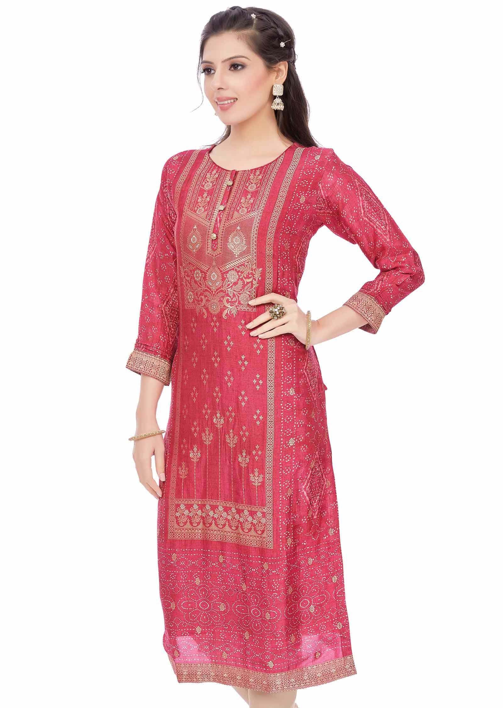 Rani Pink Banaras Silk Printed Straight Cut Kurti