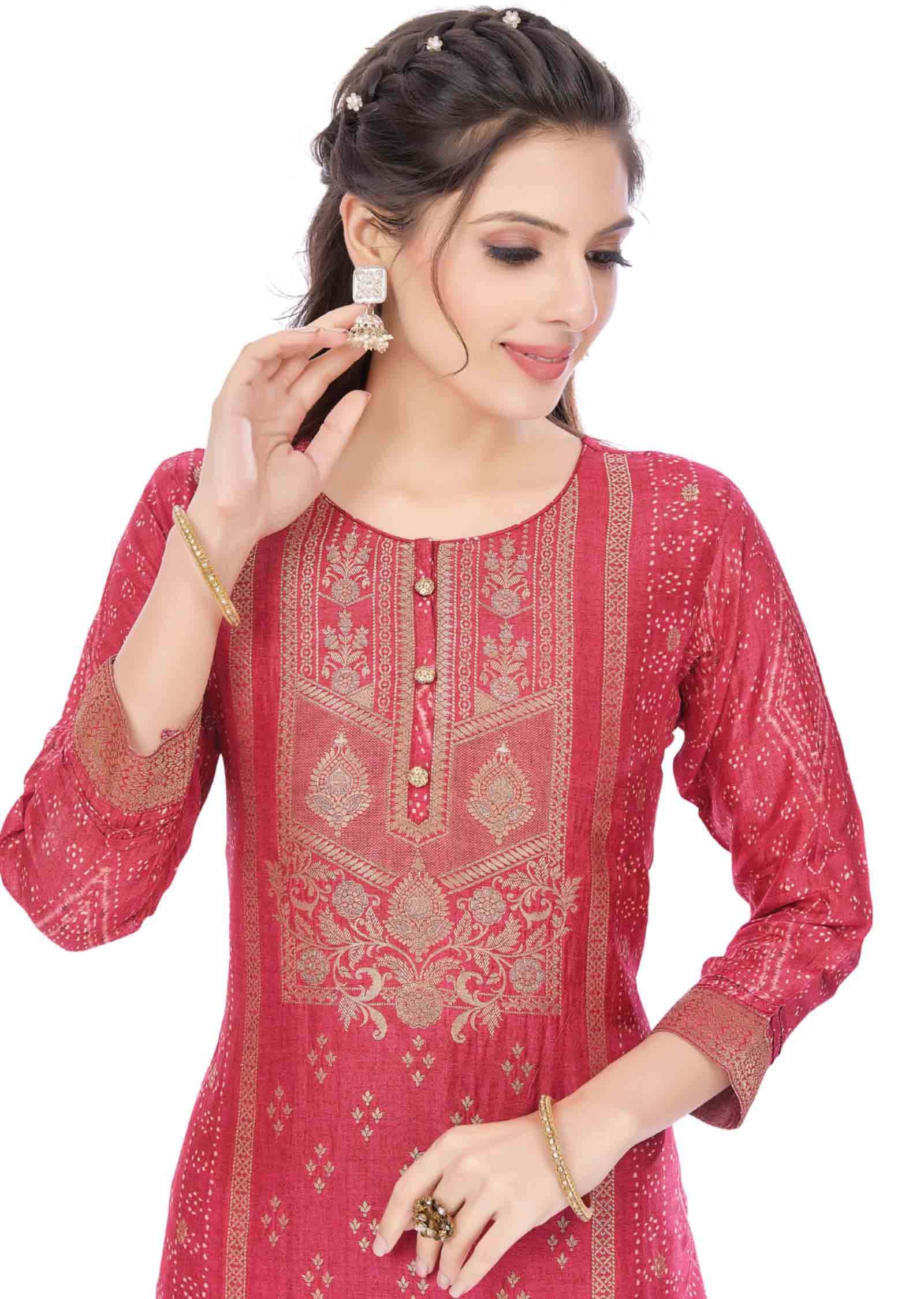 Rani Pink Banaras Silk Printed Straight Cut Kurti