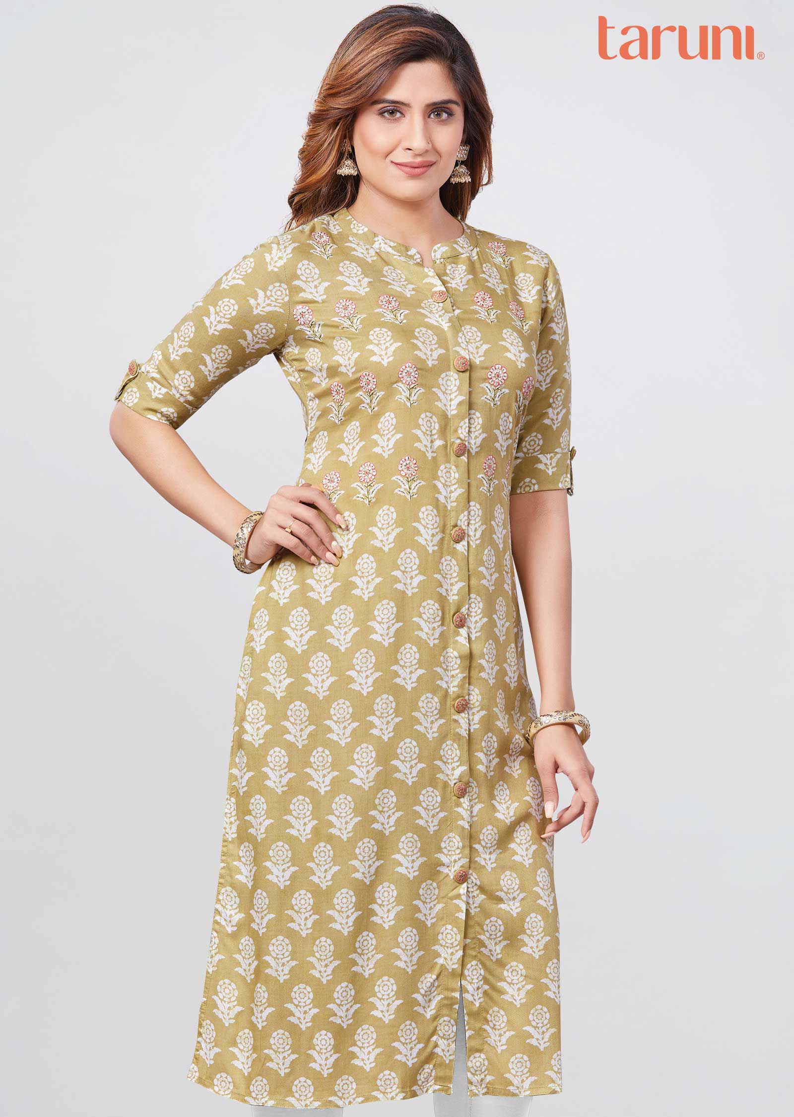 light khaki color Reyon Printed Straight Cut Kurti