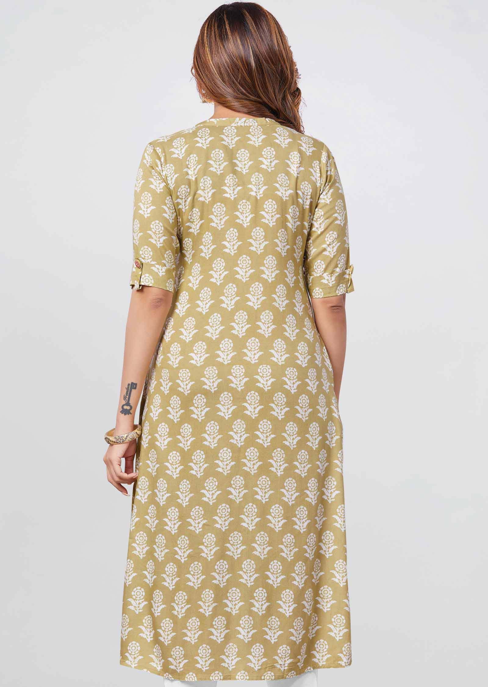 light khaki color Reyon Printed Straight Cut Kurti