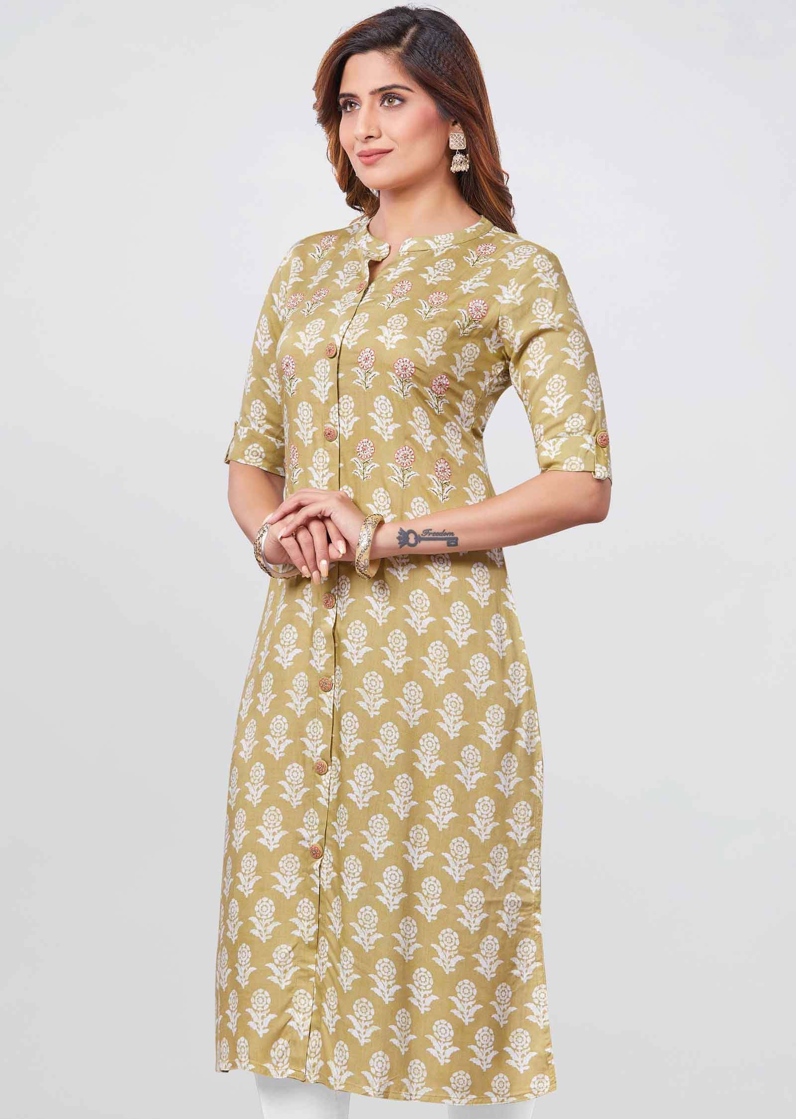 light khaki color Reyon Printed Straight Cut Kurti