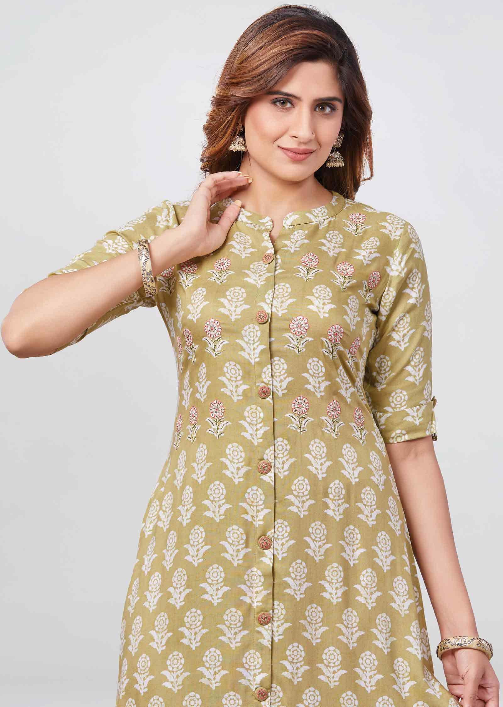 light khaki color Reyon Printed Straight Cut Kurti