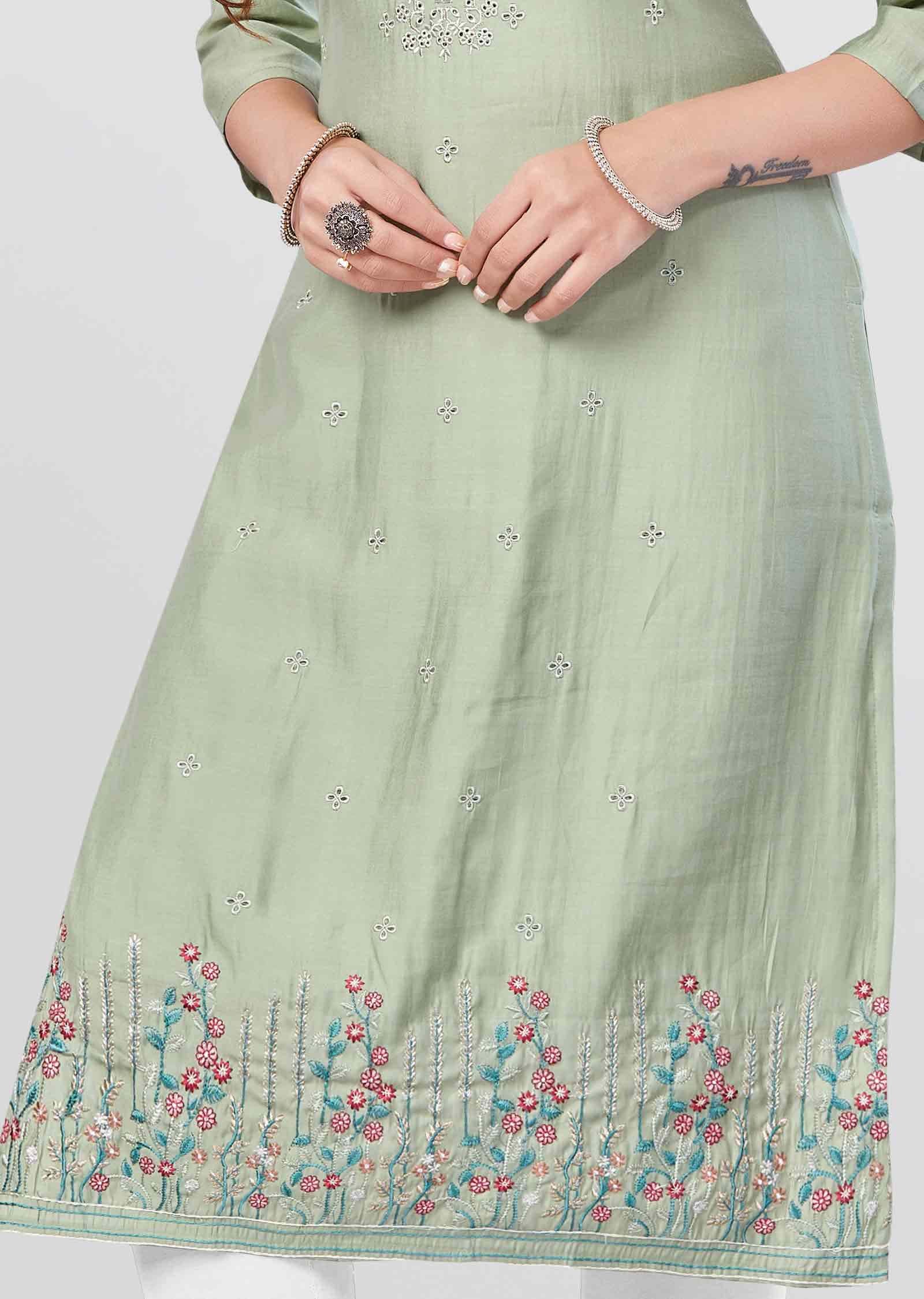 Green Soft Silk Kurti Straight Cut