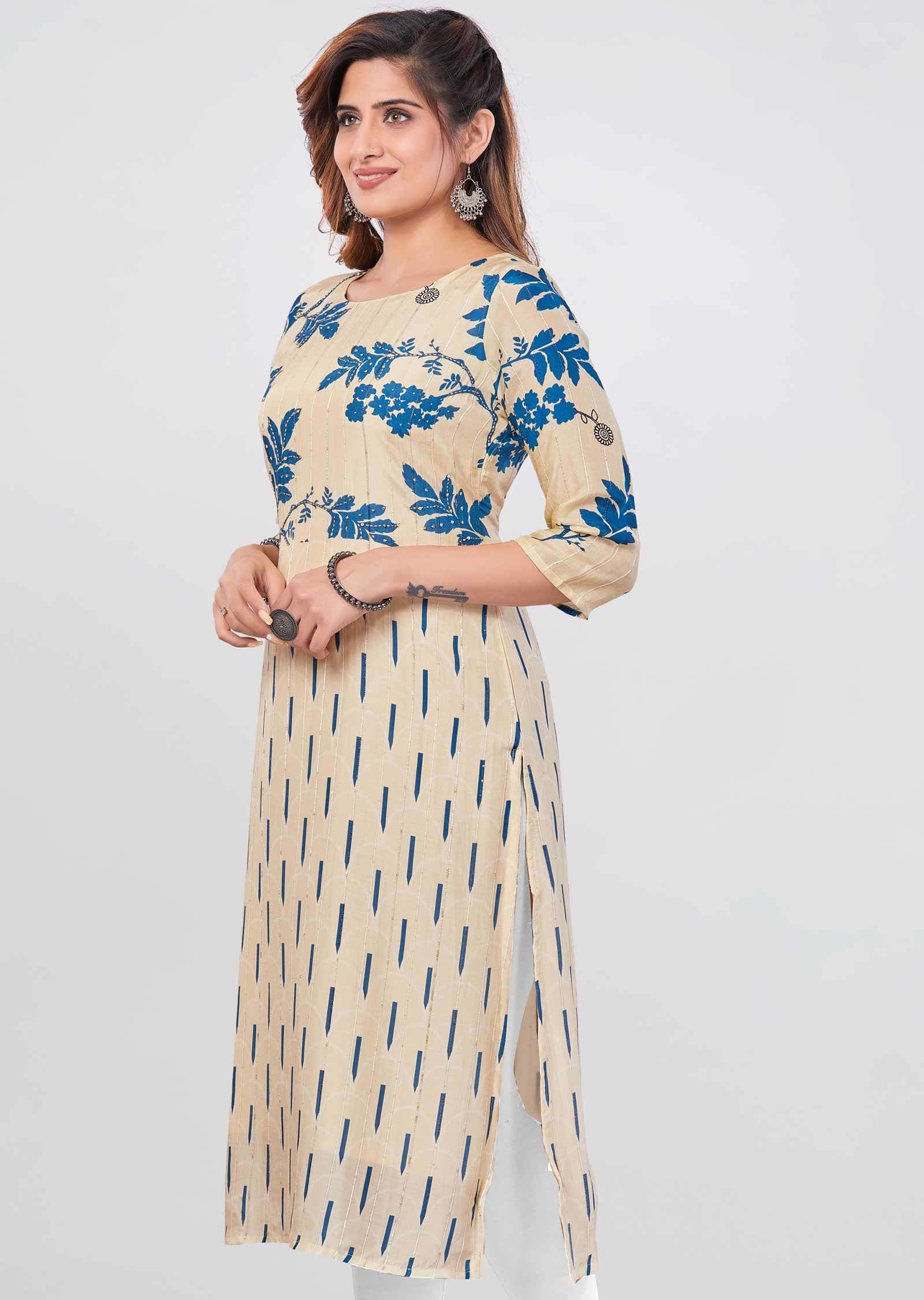 Beige Modal Sequins Straight Cut Kurti