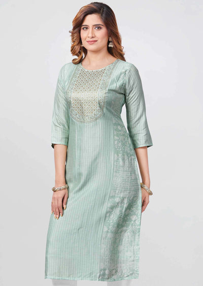 Pista Green Silk Sequins Straight Cut Kurti