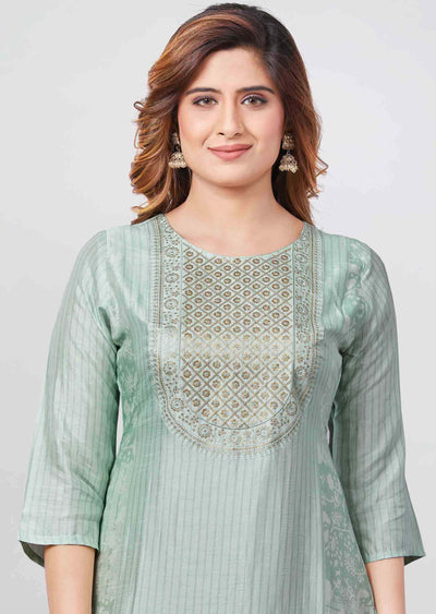 Pista Green Silk Sequins Straight Cut Kurti