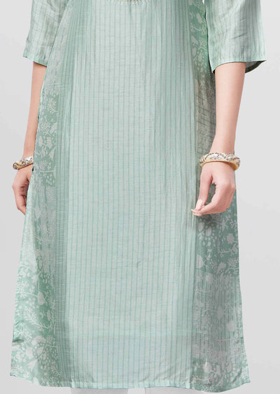 Pista Green Silk Sequins Straight Cut Kurti