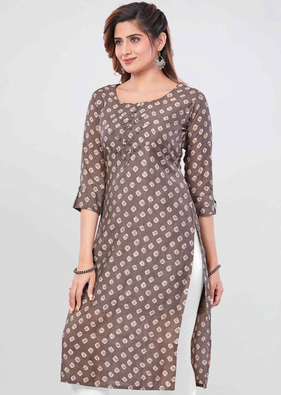 Brown Muslin Printed Straight Cut Kurti