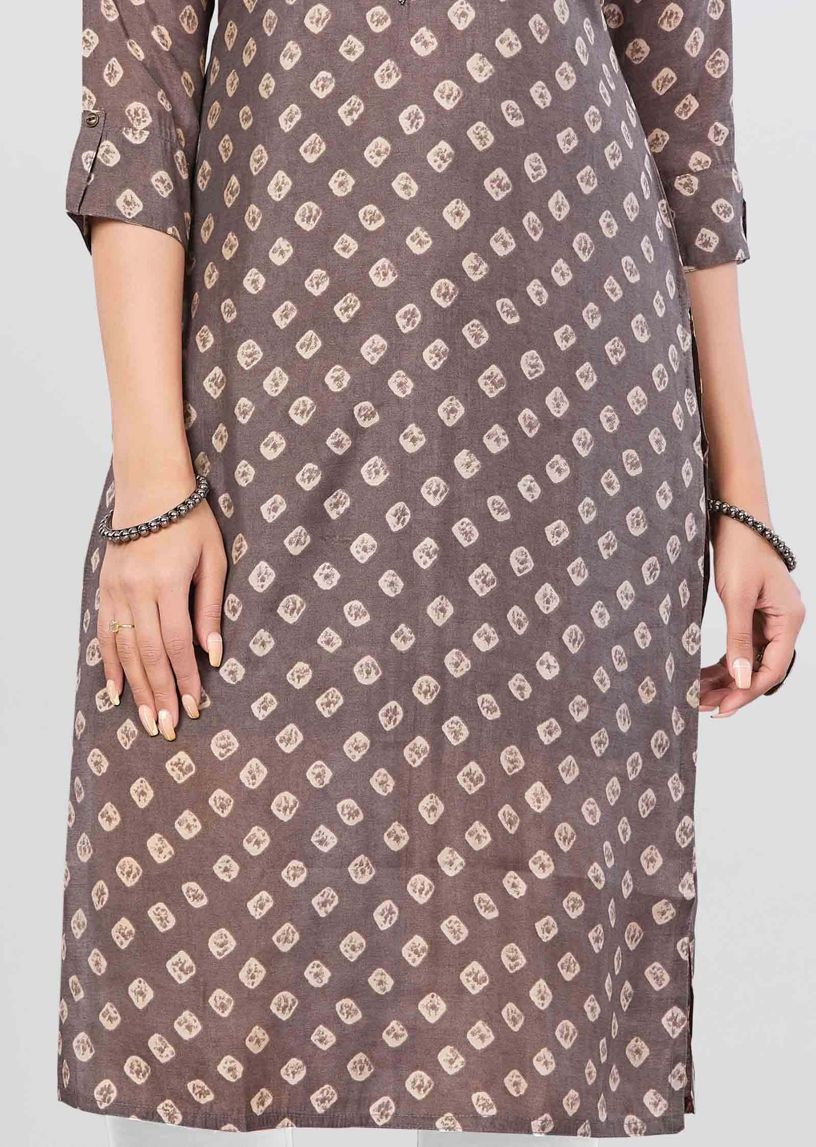 Brown Muslin Printed Straight Cut Kurti