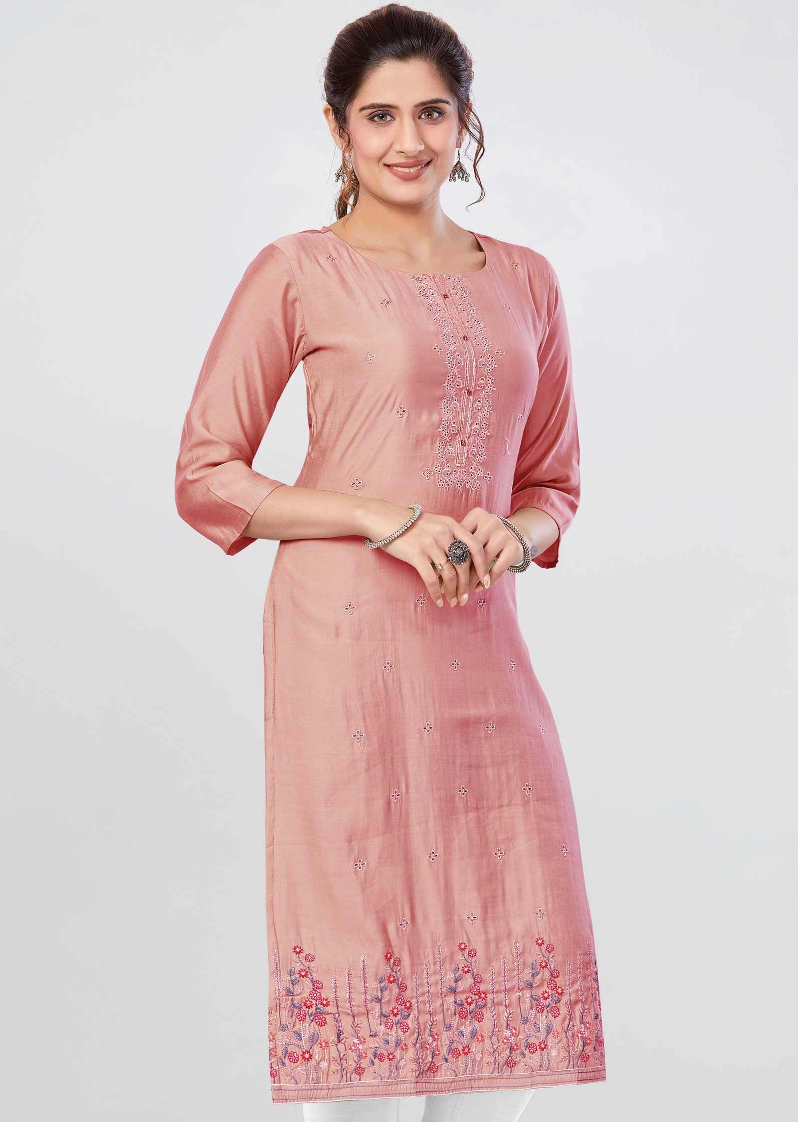 Pink Soft Silk Kurti Straight Cut