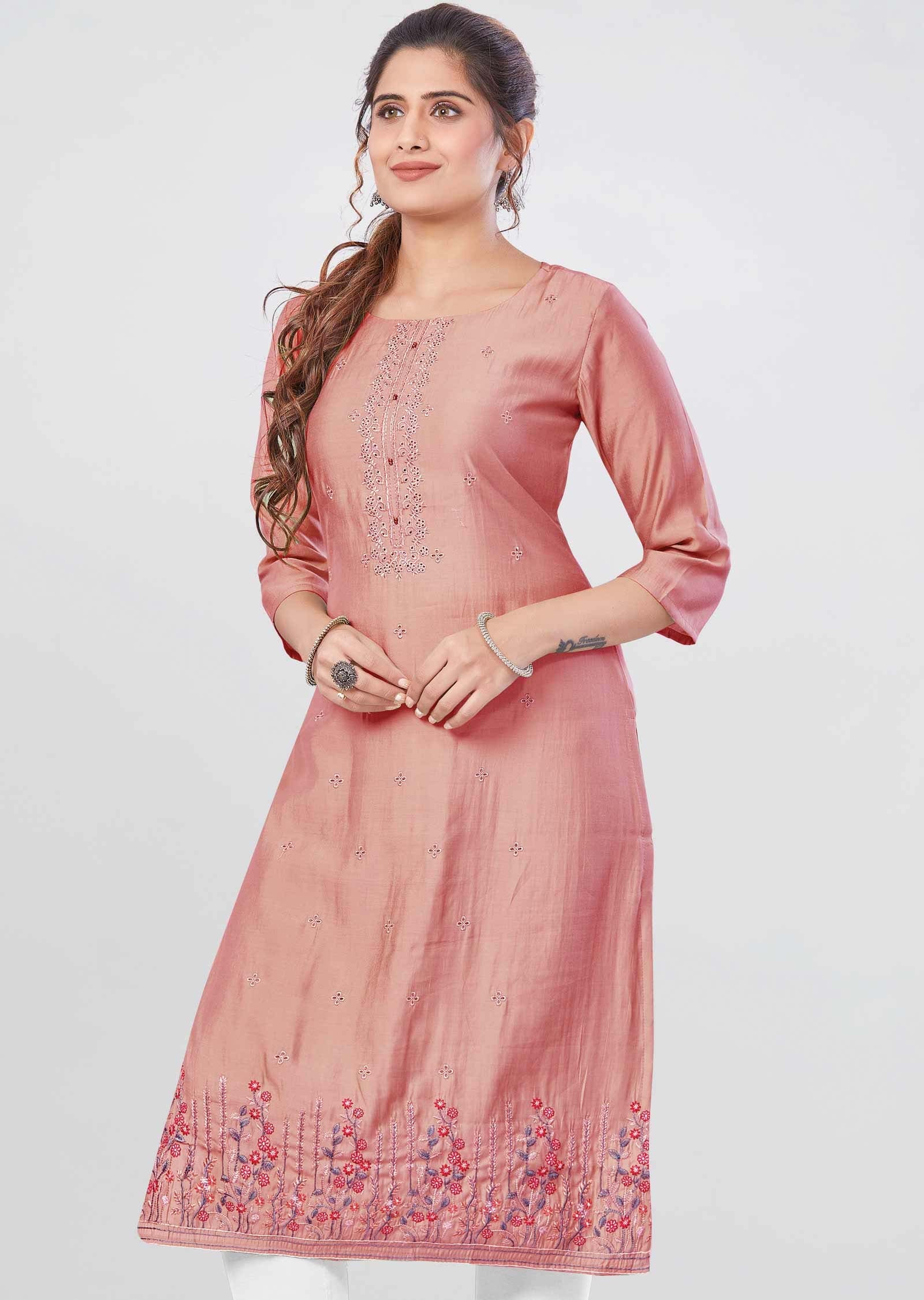 Pink Soft Silk Kurti Straight Cut