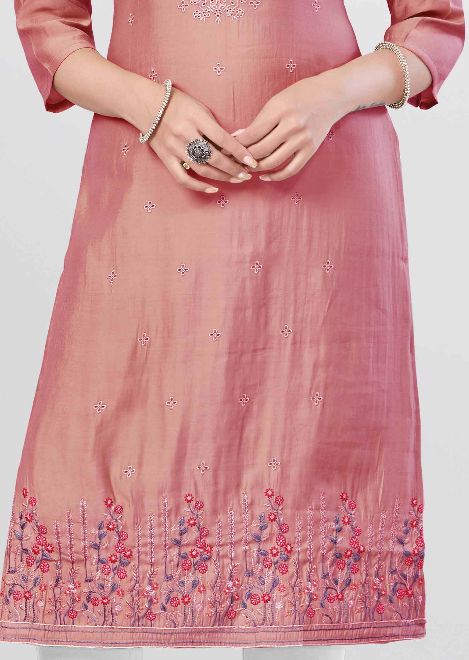 Pink Soft Silk Kurti Straight Cut