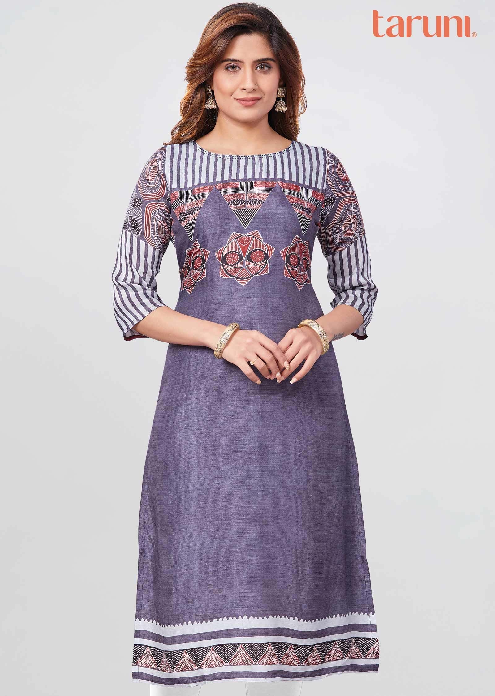 Grey Soft Silk Printed Straight Cut Kurti