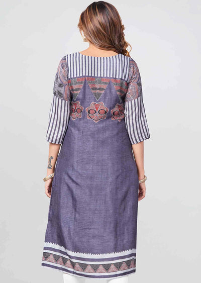 Grey Soft Silk Printed Straight Cut Kurti