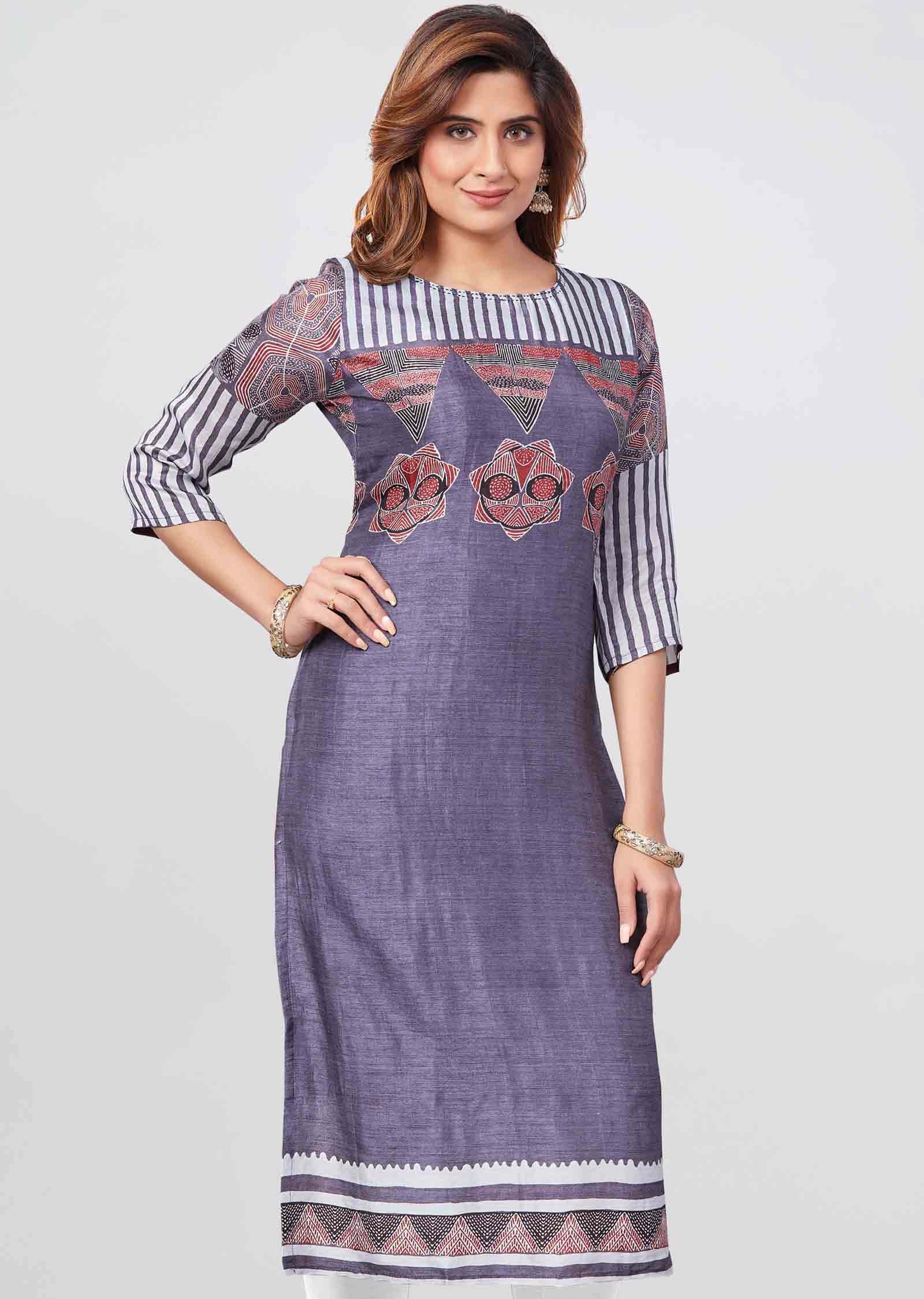 Grey Soft Silk Printed Straight Cut Kurti