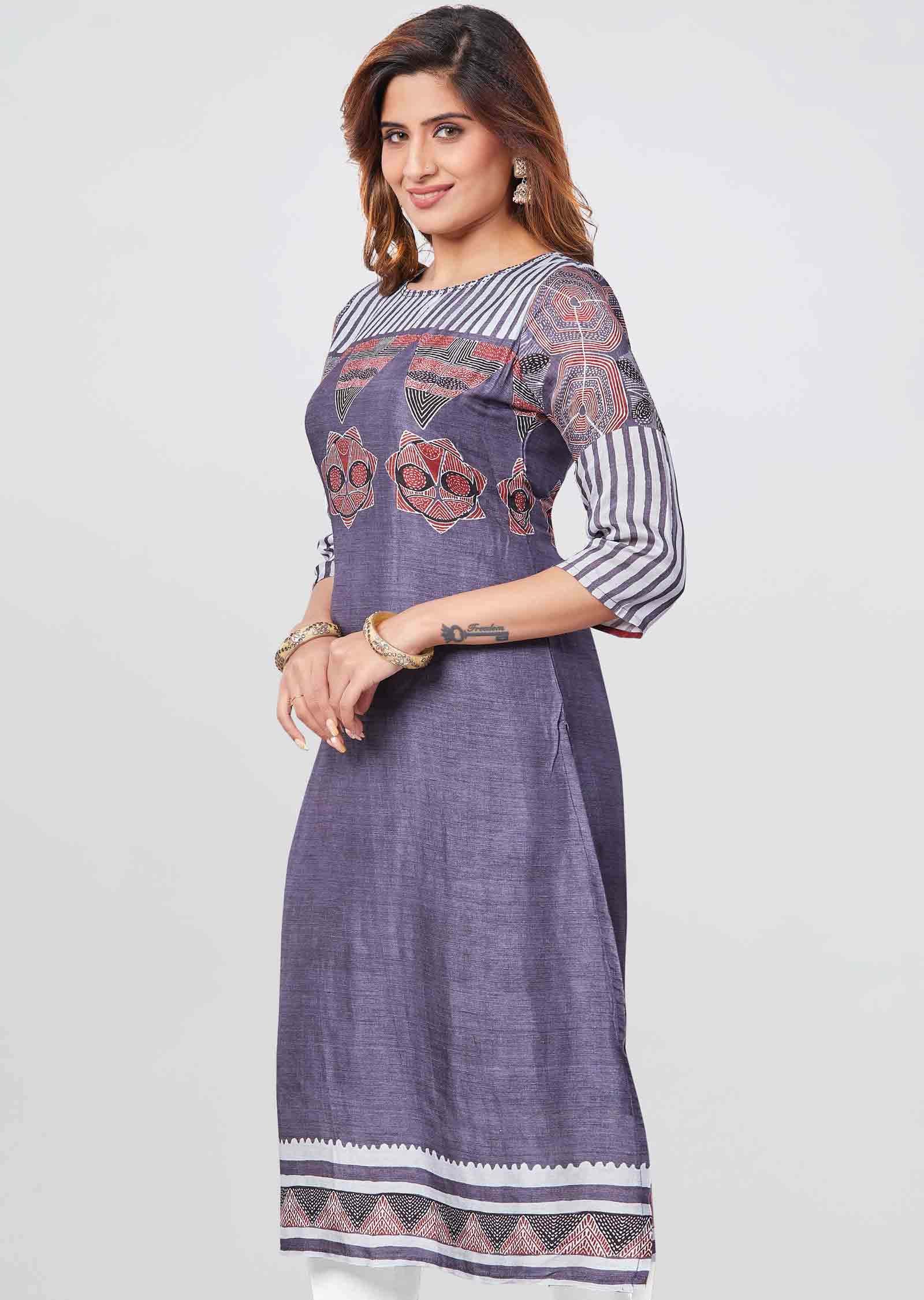 Grey Soft Silk Printed Straight Cut Kurti