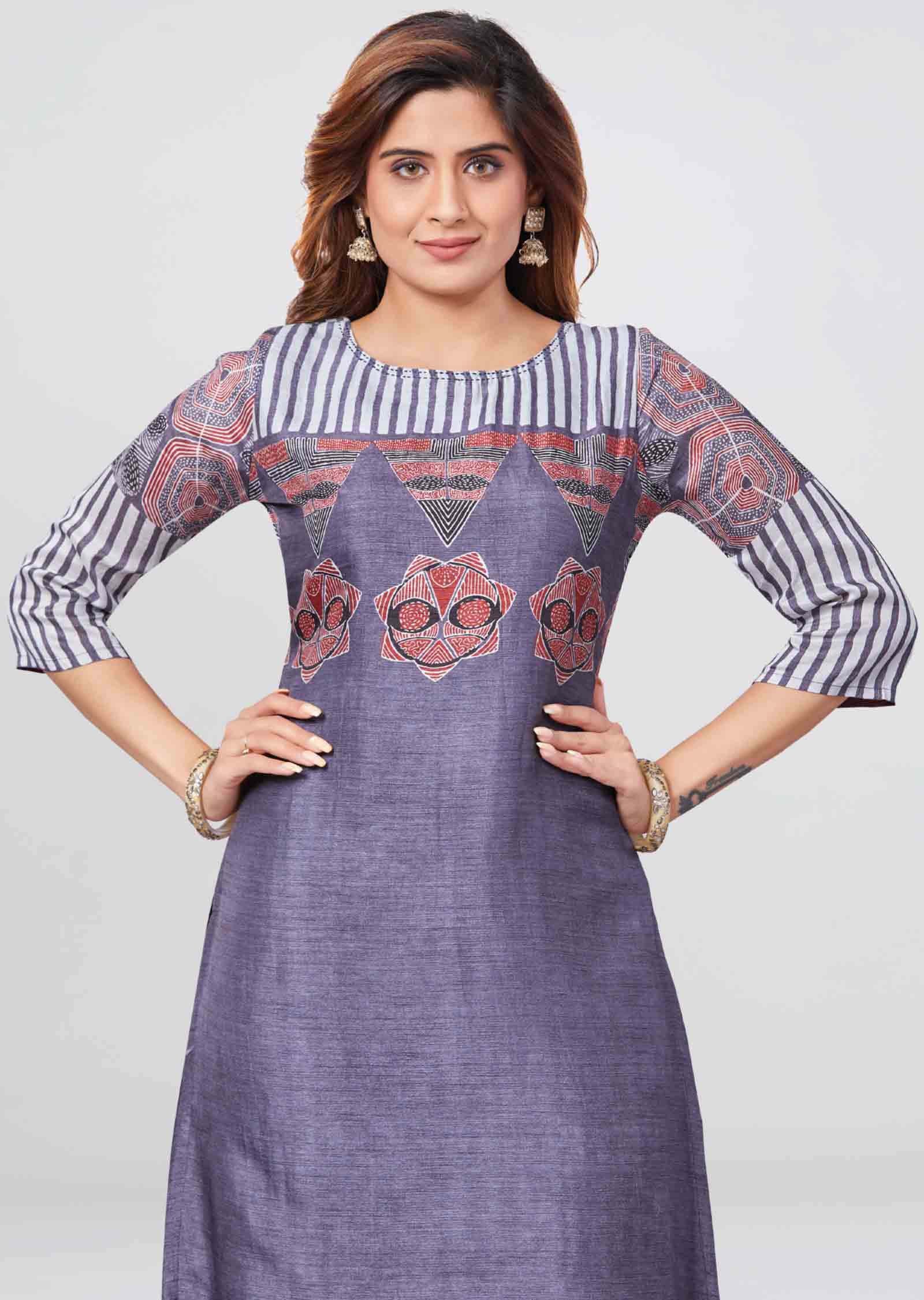 Grey Soft Silk Printed Straight Cut Kurti