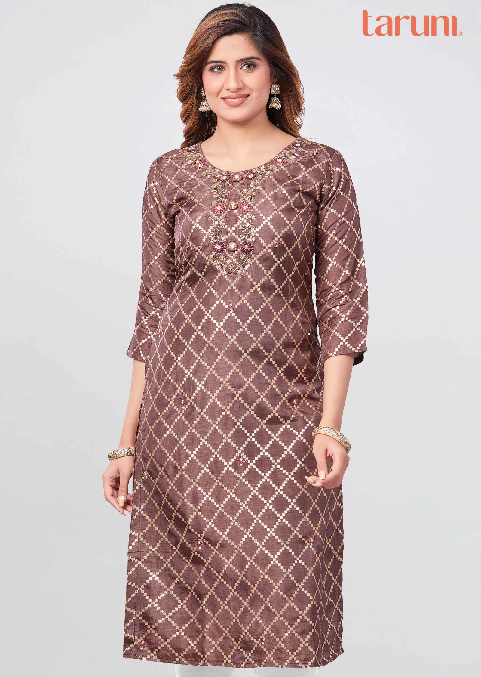 Brown Banaras Kurti Straight Cut